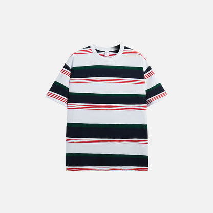 Front view of the white Loose Striped Contrast T-shirt in a gray background