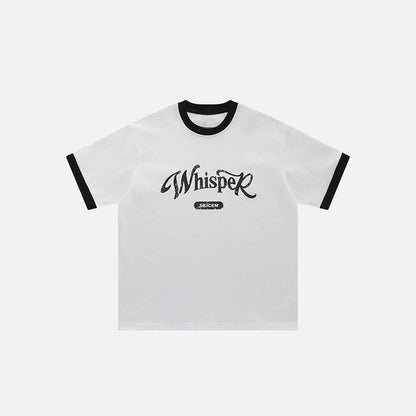Front view of the white Loose Letter Print Oversized T-shirt in a gray background 