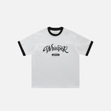 Front view of the white Loose Letter Print Oversized T-shirt in a gray background 