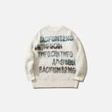 Front view of the beige Fluffy Fleece Letter Print Sweater in a gray background 