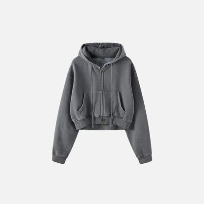 Front view of the dark grey Women's Fleece Zip-up Hoodie in a gray background 