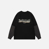 Front view of the black Oversized Plaid Patchwork Long Sleeve T-shirt in a gray background 
