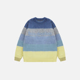 Front view of the blue  Fuzzy Loose Striped Contrast Color Sweater in a gray background 