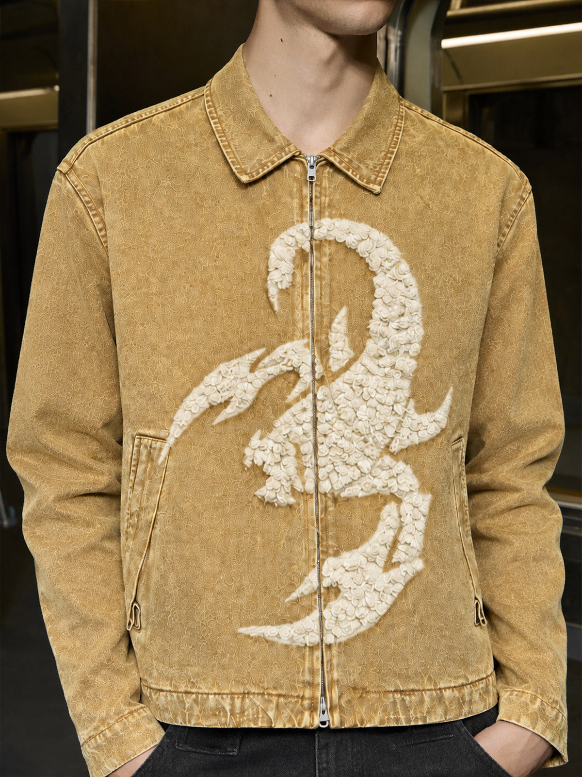 Scorpion Embroidered Washed Distressed Denim Jacket