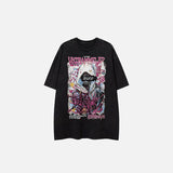 Front view of the black Loose Printed Untrammeled Washed T-Shirt in a grey background 