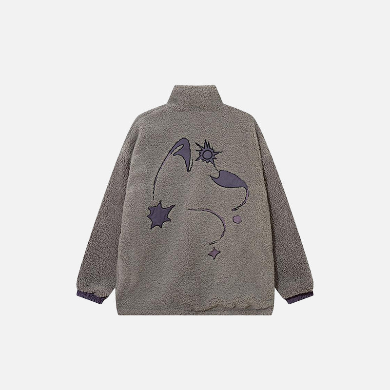 Back view of gray Fluffy Fleece Zip-up Jacket in a gray background