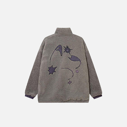 Back view of gray Fluffy Fleece Zip-up Jacket in a gray background