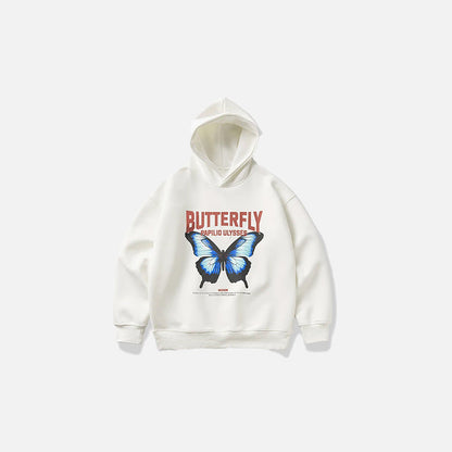 Front view of the white Varsity Butterfly Print Hoodie in a gray background