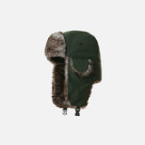 Front view of the green Faux Fur Lined Trapper Hat in a gray background