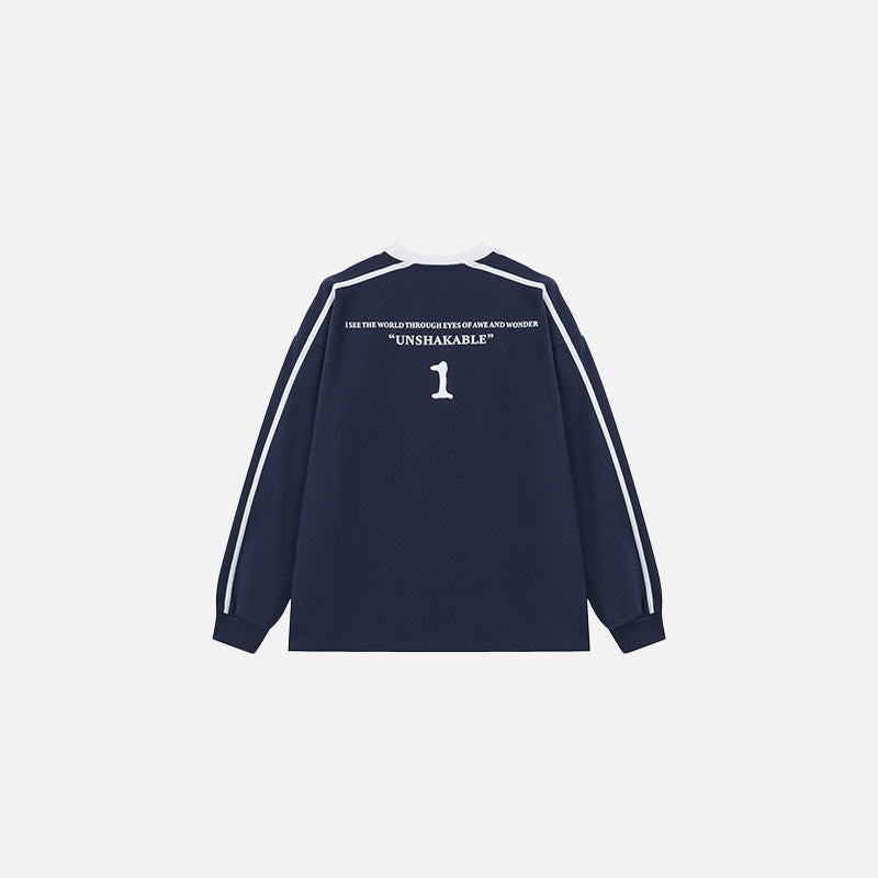 Back view of the navy blue Iconic Insignia Sweater in a gray background 