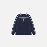 Back view of the navy blue Iconic Insignia Sweater in a gray background 