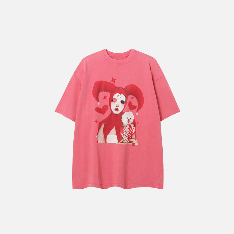 Front view of the pink Vintage Clown Graphic Washed T-Shirt in a gray background