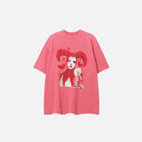 Front view of the pink Vintage Clown Graphic Washed T-Shirt in a gray background