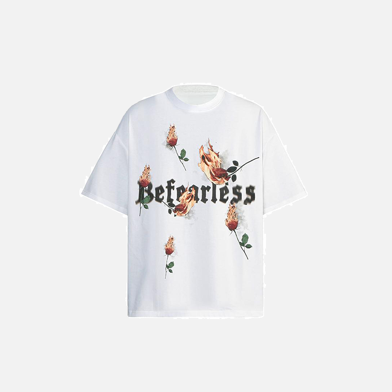 Front view of the white Loose Rose Burning T-shirt in a gray background