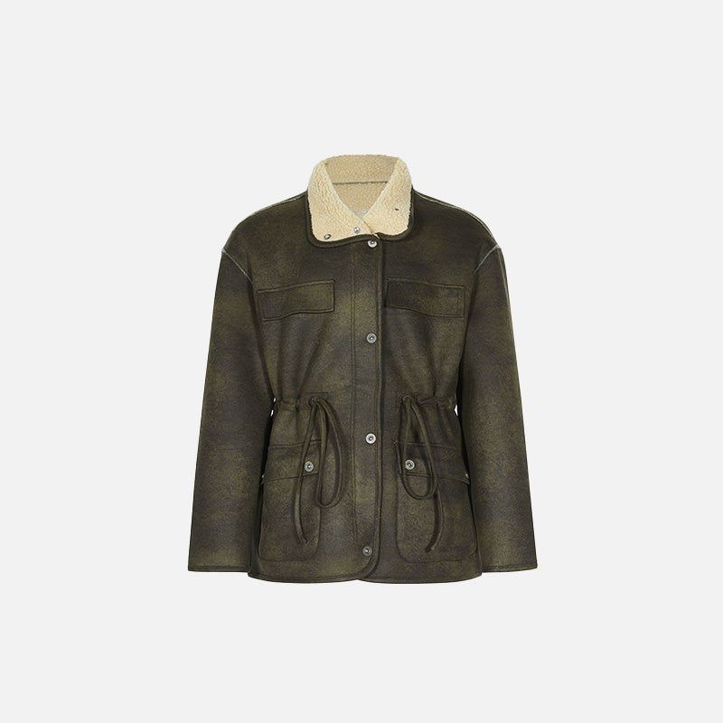 Front view of the army green Loose Retro Lambs Wool Coat in a gray background 
