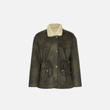 Front view of the army green Loose Retro Lambs Wool Coat in a gray background 