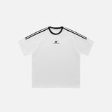 Front view of the white Loose Side Striped Embroidery T-shirt in a gray background