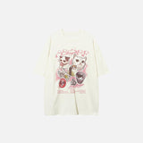 Front view of the beige Loose Cat Print T-shirt in a gray background