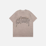 Front view of the dust gray Vintage Loose Washed Printed T-Shirt in a gray background 