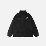 Front view of the black Loose Star Embroidery Puffer Jacket in a gray background