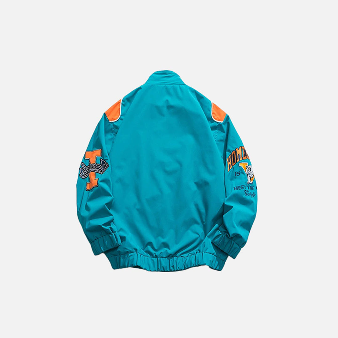 Back view of the blue Letter-Embroidered Racing Jacket in a gray background 