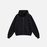 Front View of the black Y2K Torn Tracks Hoodie in a gray background