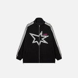 Front view of black Striped Fleece Stars Jacket in a gray background
