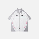 Front view of the beige Polo Splicing Color Zip-up T-shirt in a gray background 