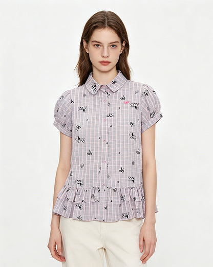Ruffle Hem Plaid Short Sleeve Shirt