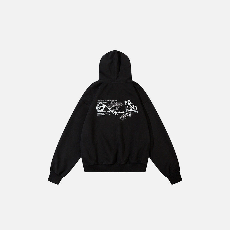Back view of the black Peace And Chaos Hoodie in a gray background
