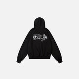 Back view of the black Peace And Chaos Hoodie in a gray background
