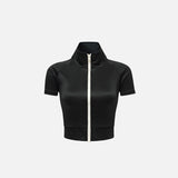 Front view of the black Y2k Women's Zip-up Crop Top in a gray background