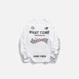 Front view of the white Oversized Racing Loose Sweatshirt in a gray background