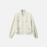 Front view of the apricot Oversized Loose Washed Leather Jacket in a gray background 
