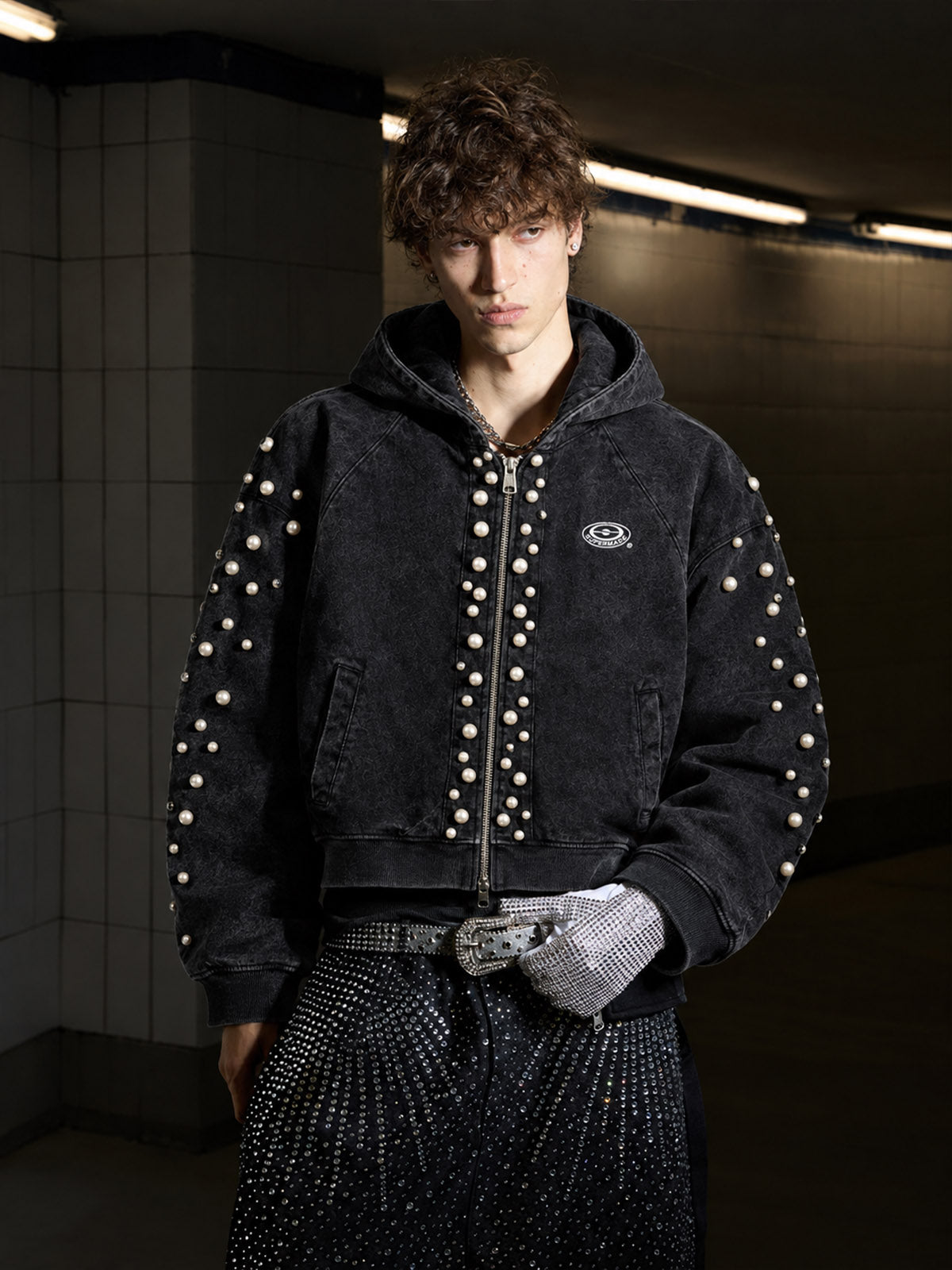 Pearl Studded Washed Distressed Cropped Hoodie
