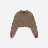 Front view of the coffee Women Distressed Loose T-Shirt in a gray background 