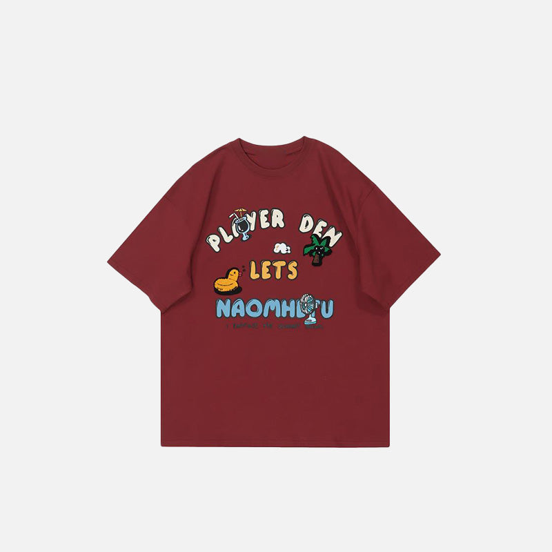 Front view of the red Cute Graphic Loose T-Shirt in a gray background 