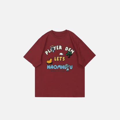 Front view of the red Cute Graphic Loose T-Shirt in a gray background 