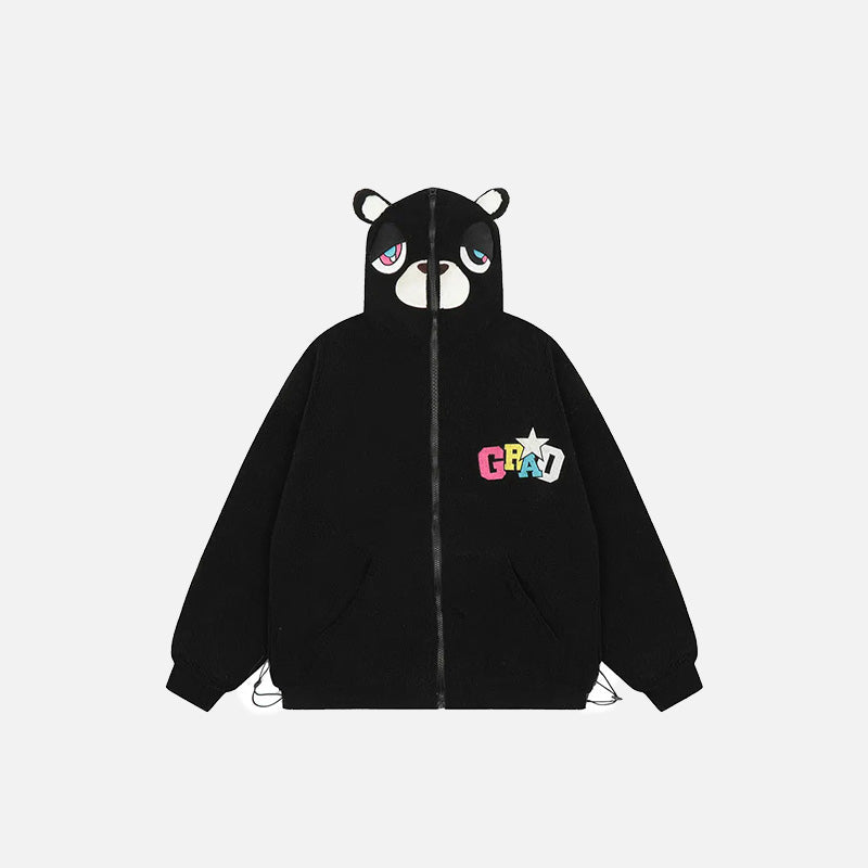Front view of the black Loose Sad Bear Ears Fleece Jacket in a gray background