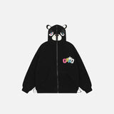 Front view of the black Loose Sad Bear Ears Fleece Jacket in a gray background