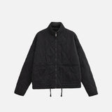 Front view of the black Quilted Zip-Up Jacket in a gray background
