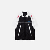 Front view of the black Splicing Color Zip-up Shirt in a gray background 