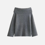 Front view of the grey Off-Shoulder Chunky Knit Sweater in a gray background
