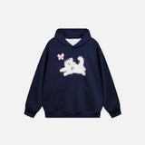 Front view of the navy blue Cat And Butterfly Hoodie in a gray background