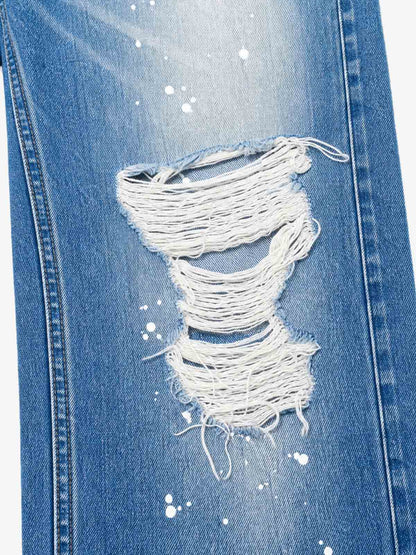 Leopard Knee-Detail Washed Distressed Straight-Leg Jeans; Denim Blue / S, Denim Blue / M, Denim Blue / L, Denim Blue / XL, Denim Blue / 2XL