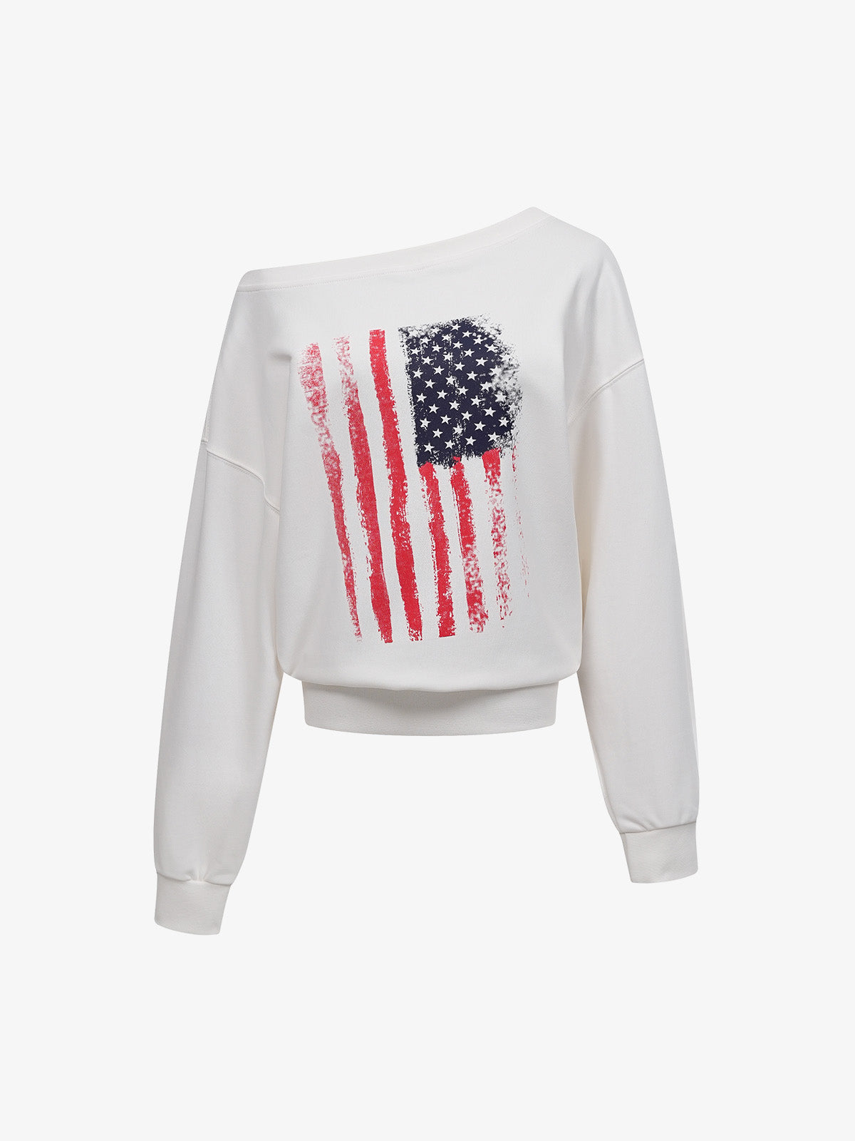 Flag Print Off-Shoulder Sweatshirt; White / S, White / M, White / L