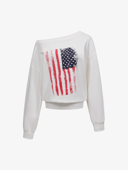 Flag Print Off-Shoulder Sweatshirt; White / S, White / M, White / L