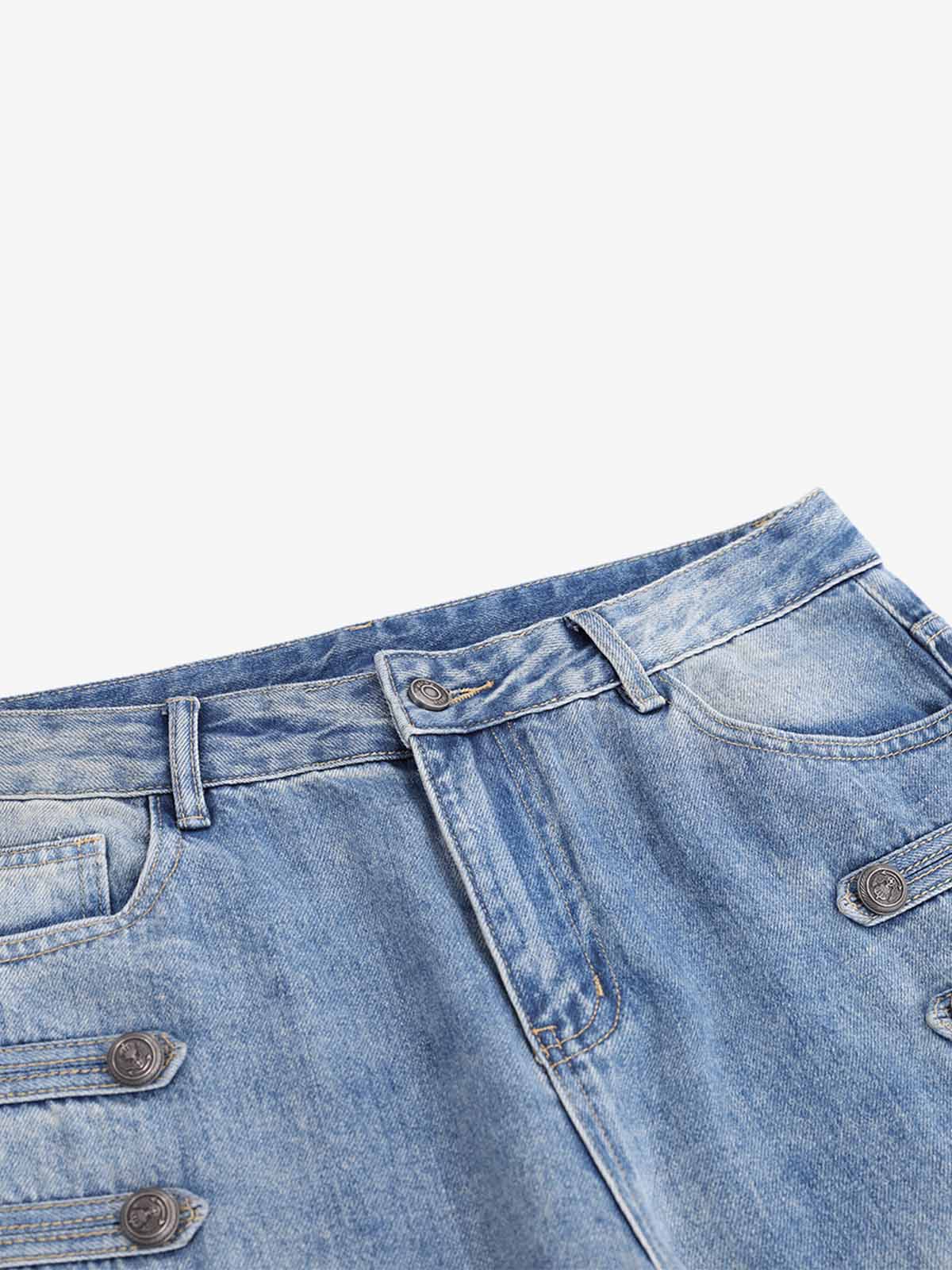 Button-Trim Curved-Leg Jeans; Blue / S, Blue / M, Blue / L, Blue / XL, Blue / 2XL