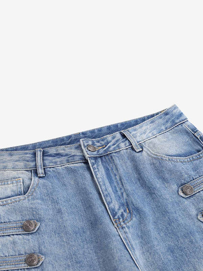 Button-Trim Curved-Leg Jeans; Blue / S, Blue / M, Blue / L, Blue / XL, Blue / 2XL