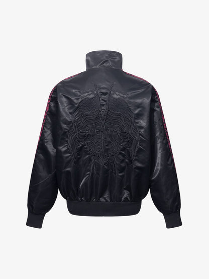Butterfly Embroidered Leopard-Trim Satin Zip Jacket; Black / S, Black / M, Black / L, Black / XL